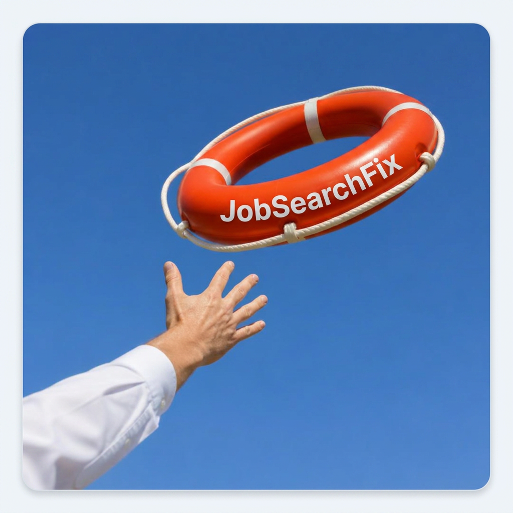 Cartoon of a person in ocean waves being thrown a JobSearchFix lifering — a rescue from a drowning job search