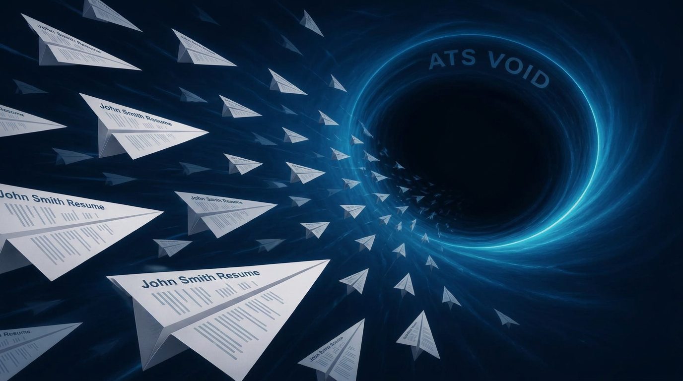 Illustration of paper-airplane resumes flying into an ATS Void black hole